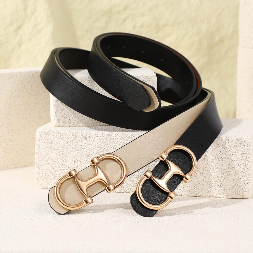 6739 Women Reversible Leather Belt Two-in-one Ladies Belts With Gold Buckle - Picture 2 of 6